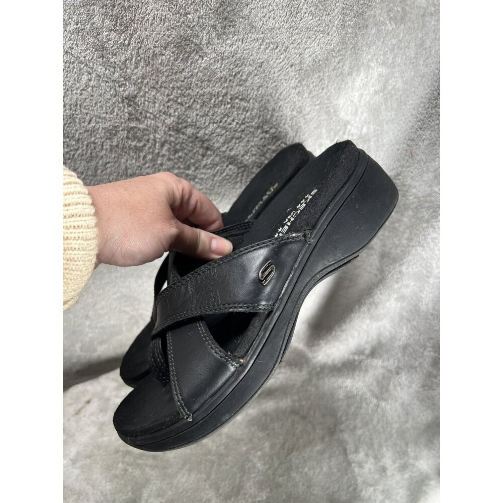 Vtg Skechers Women’s 7 Chunky Lug Platform Sandals Black Leather y2k 90s 2000s